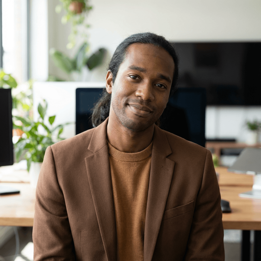 Male entrepreneur in his early 30s, Black, confident professional demeanor suitable for business consulting