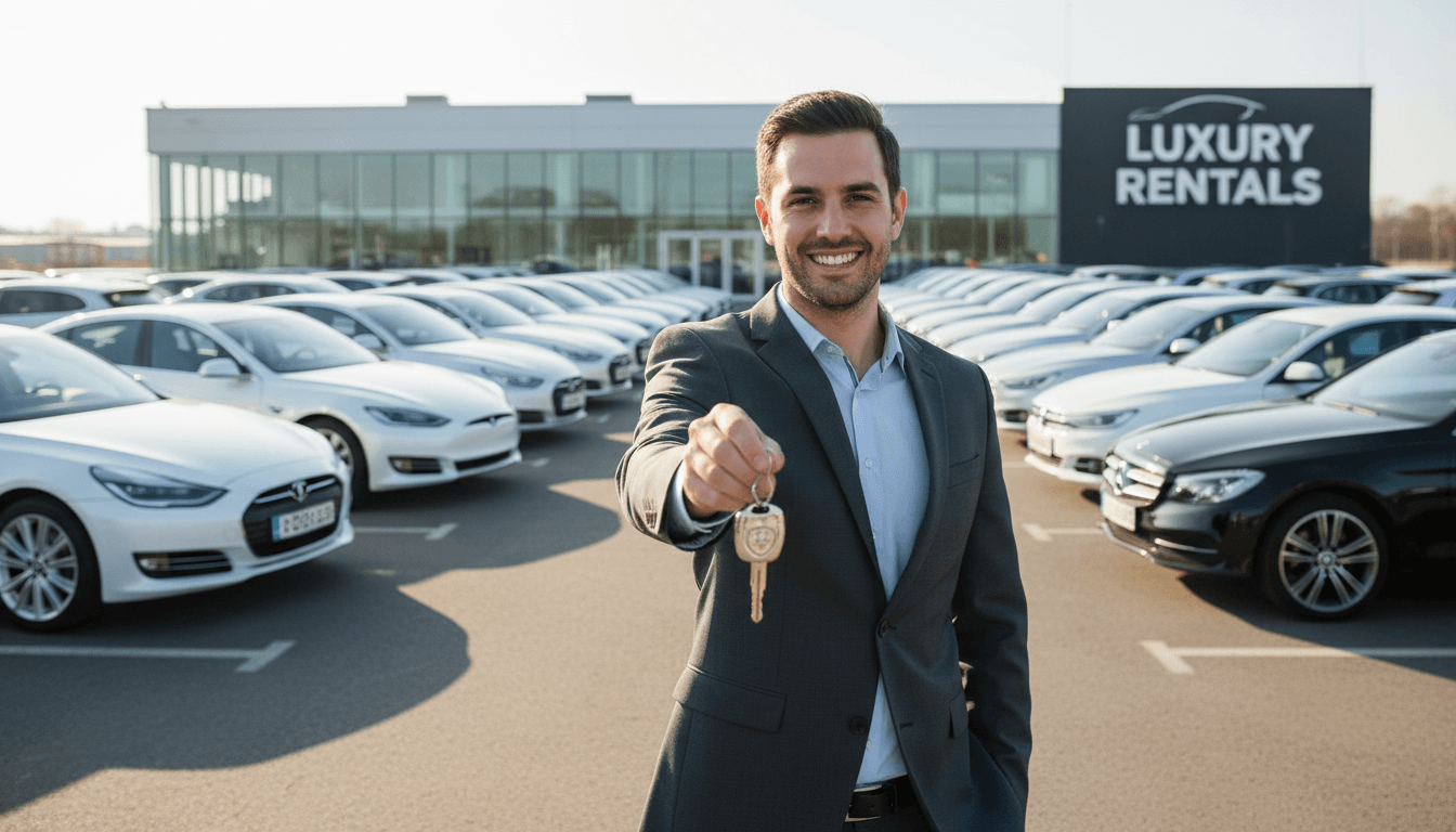 Professional holding car keys in front of fleet of modern rental sedans in bright natural light