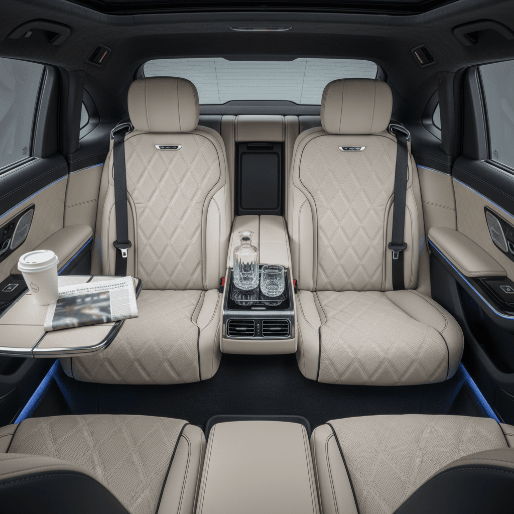 Overhead view of luxury vehicle's premium leather rear seating with ambient lighting and executive amenities