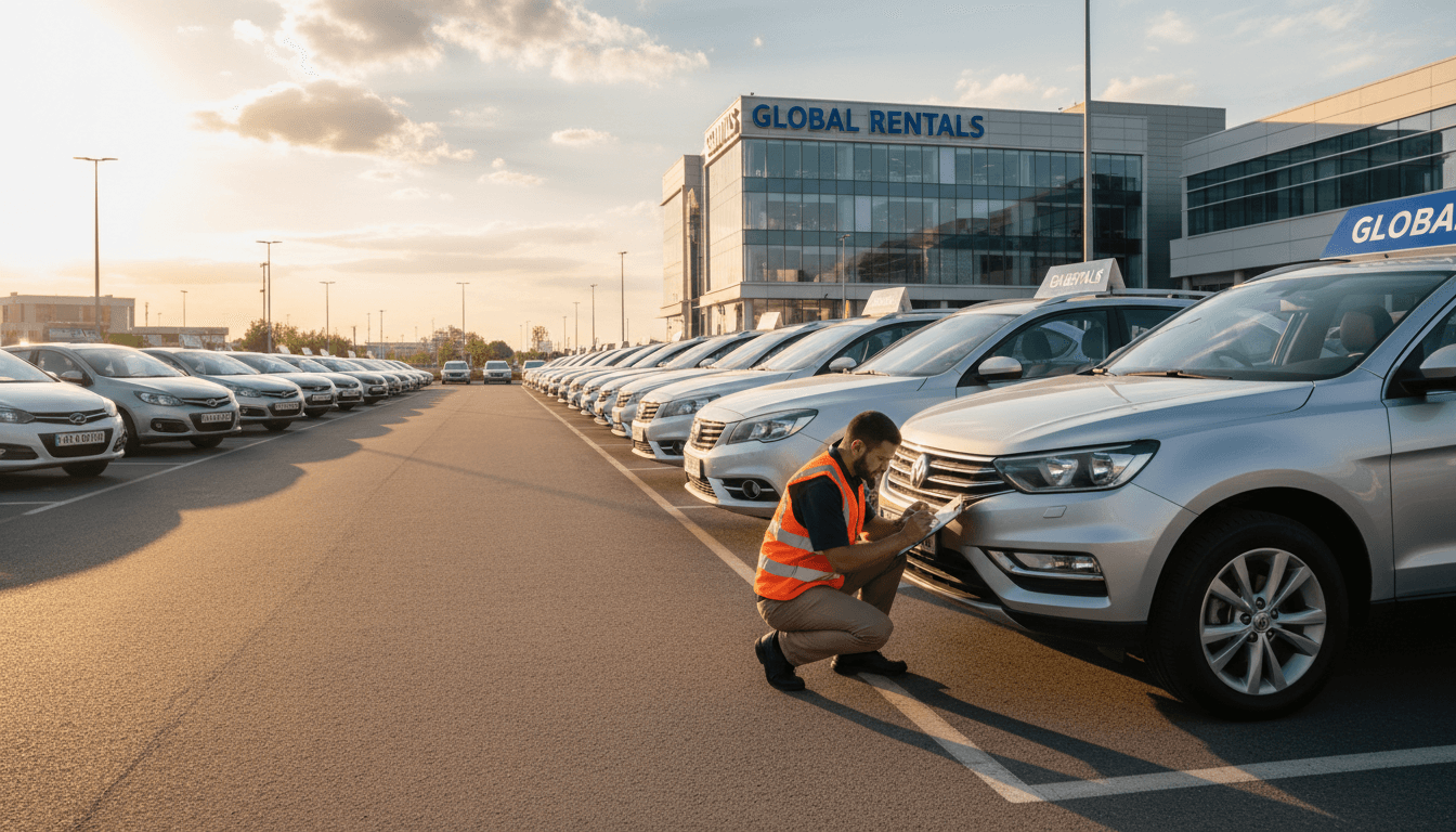 Professional car rental fleet manager reviewing documents on clipboard near modern rental cars parked in lot