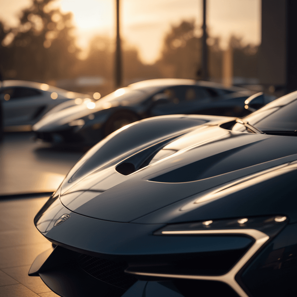 Close-up of luxury supercar hood and fender with glossy finish under golden hour lighting